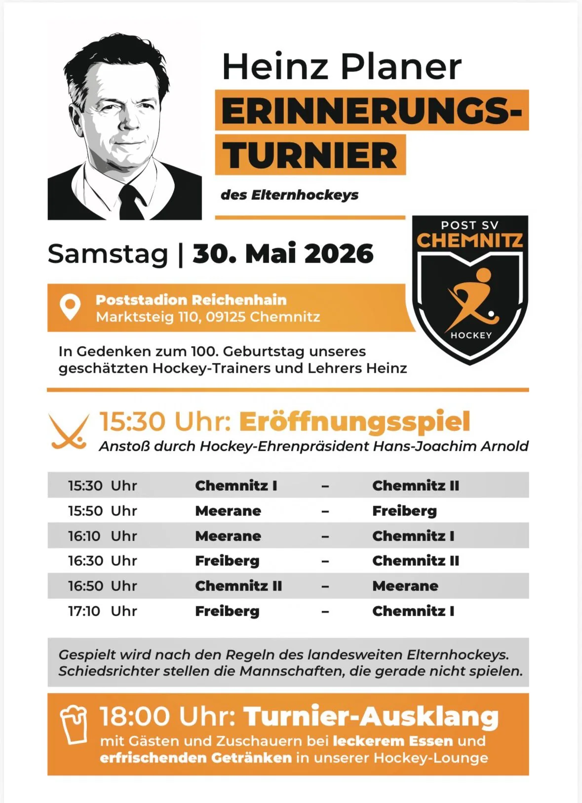 Der Post SV Chemnitz Hockey lädt zum Heinz-Planer-Erinnerungsturnier des Elternhockeys ein.